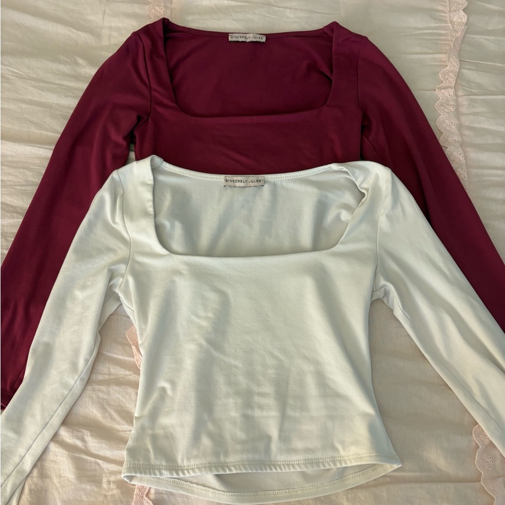 B Burgundy and White Long Sleeve Tops